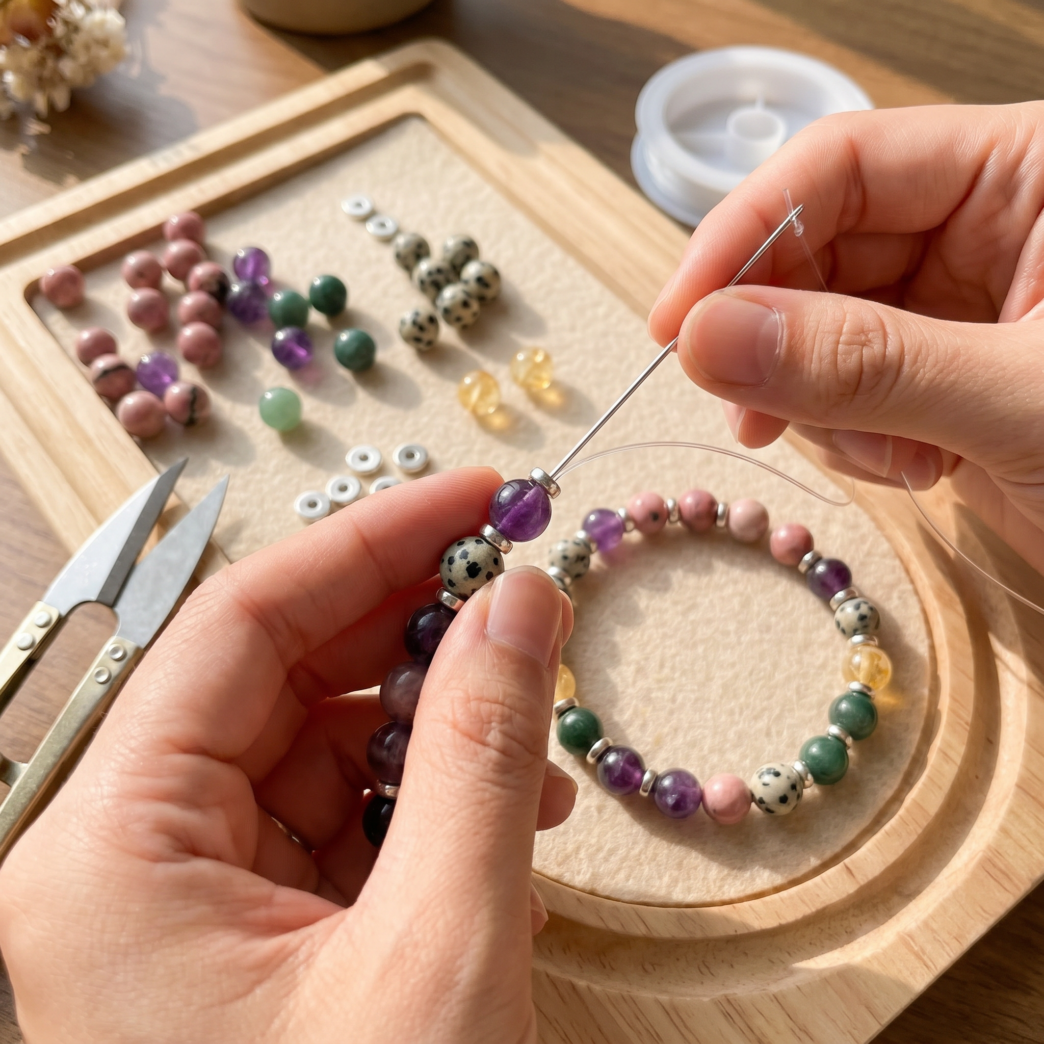Hands stringing crystal beads onto an Evolve Mala bracelet
