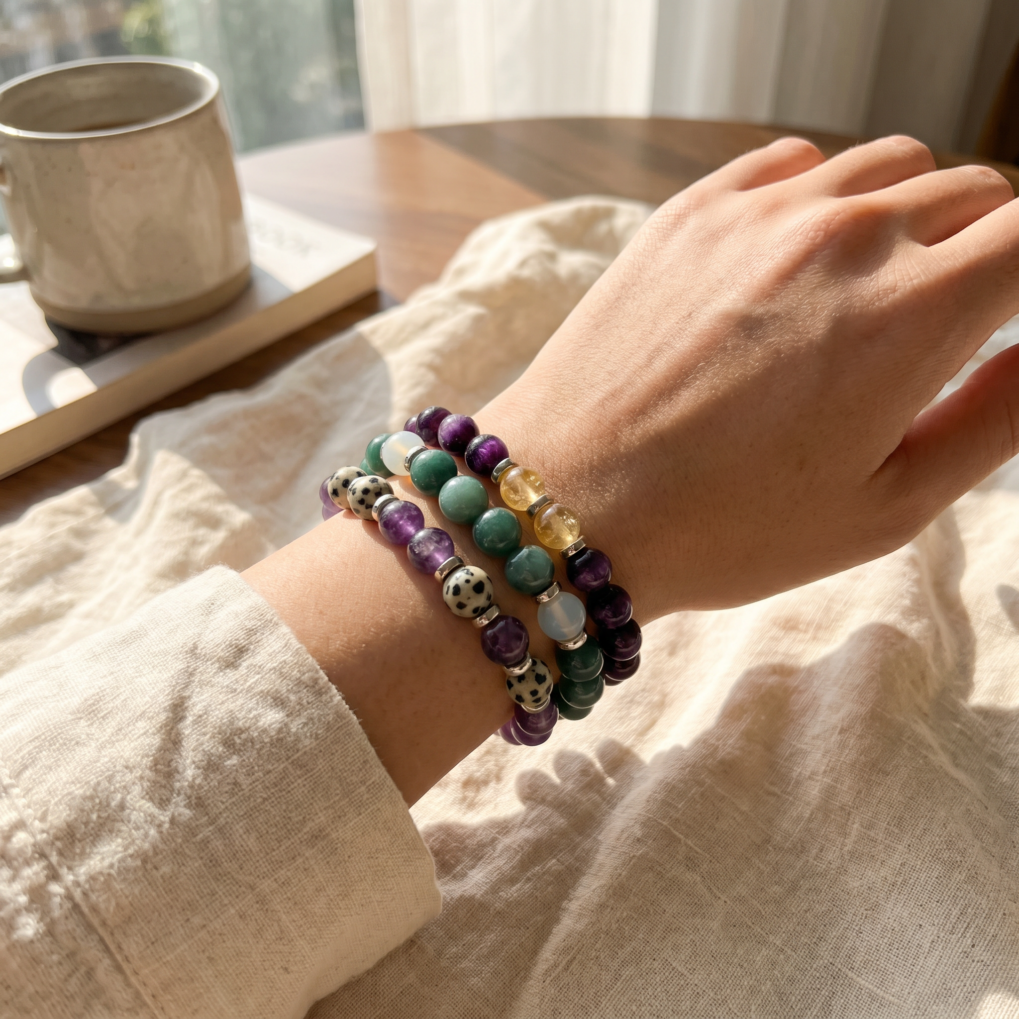 Hand wearing Evolve Mala crystal bracelets